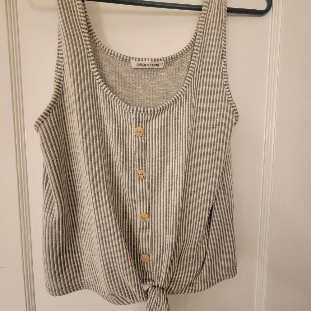 Caution To The Wind Gray & White Striped Button-Front Tie-Hem Tank
